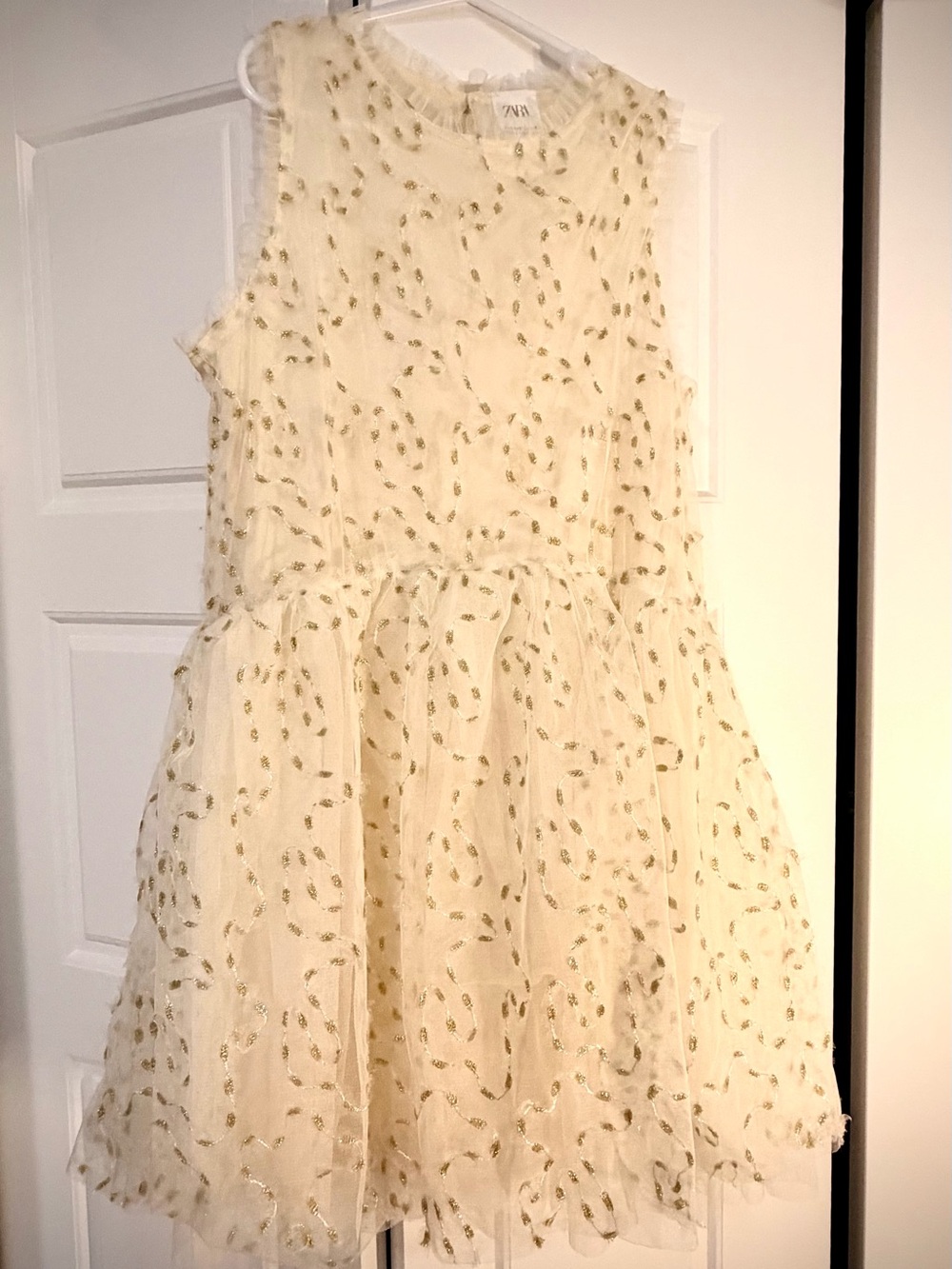Zara Cream girls party Dress with Gold Sequin Swirl sz 11-12